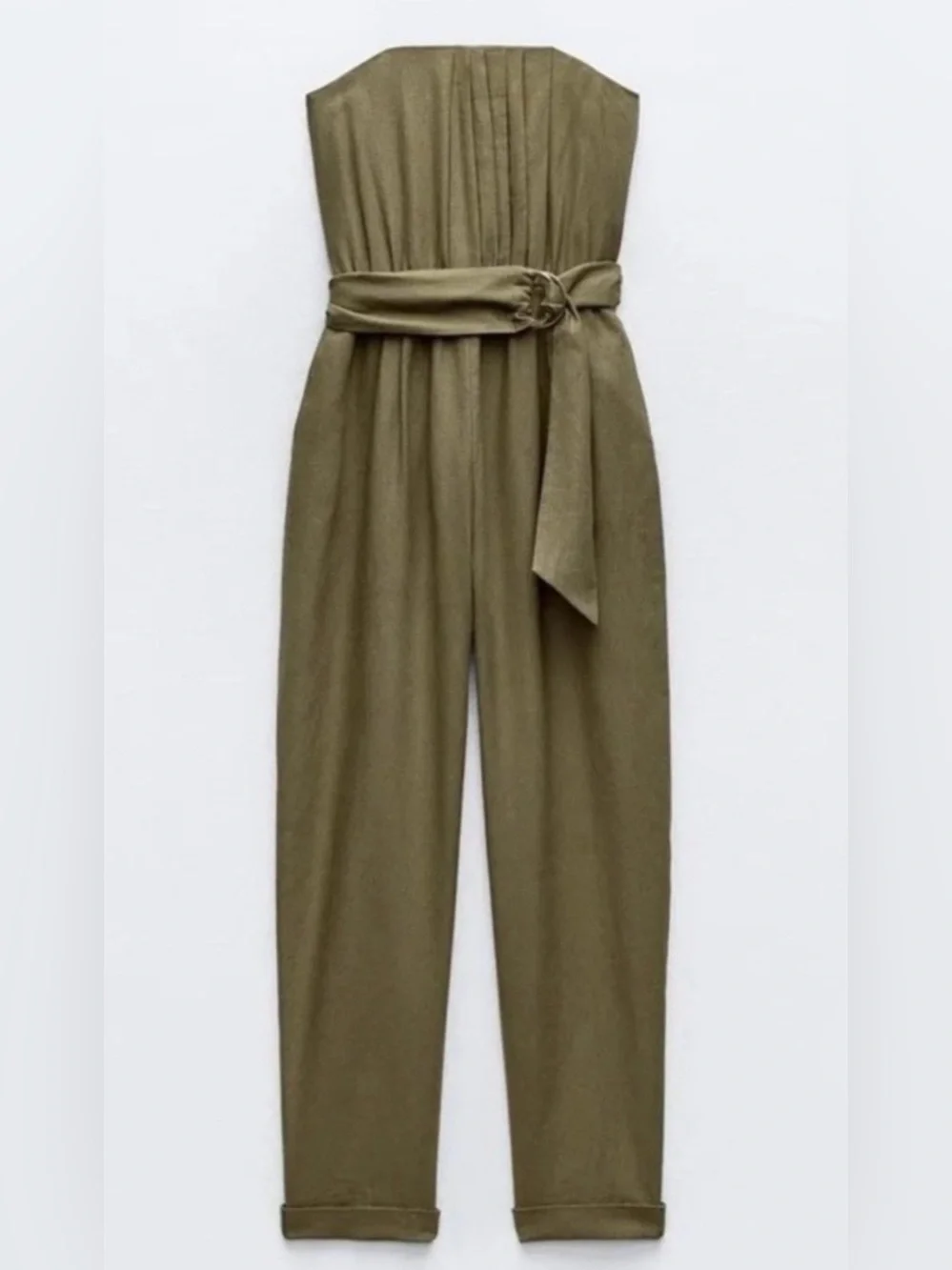 Zara Linen Blend Olive Green Belted Jumpsuit